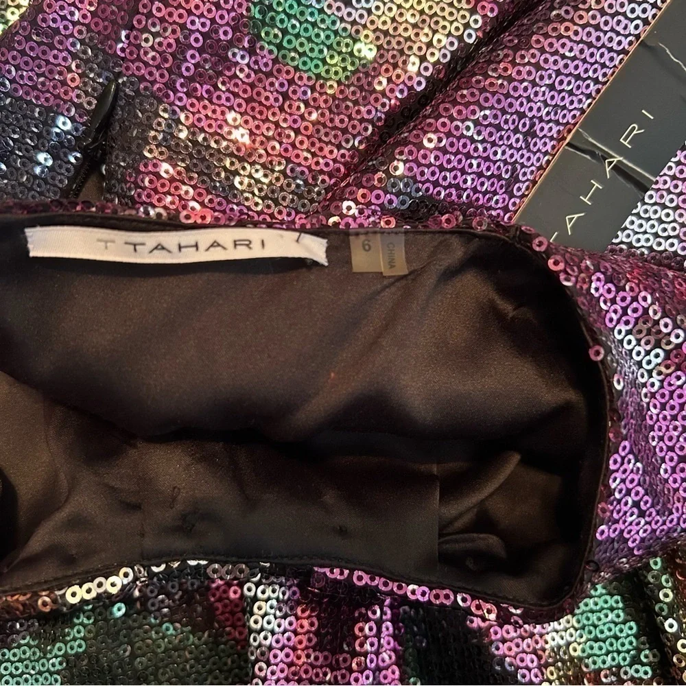 T Tahari Helena Black/Multi Color Floral Sequin Sleeveless Pleated Collar Dress - Picture 14 of 16